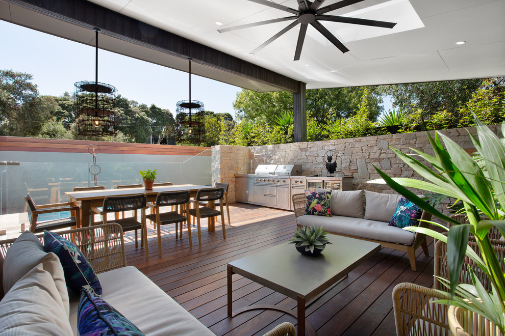 Inspiration for a large contemporary side yard deck in Melbourne with a roof extension.