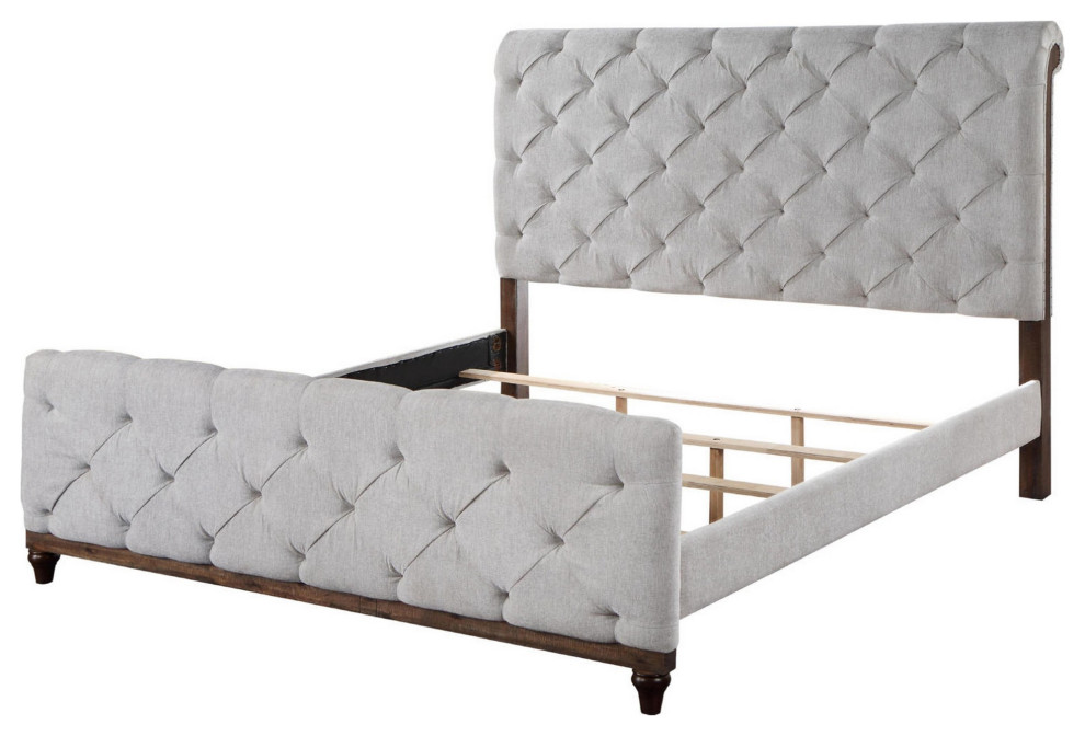 Benzara BM284030 Modern King Size Bed, Button Tufted, Brown Frame, Beige Fabric
