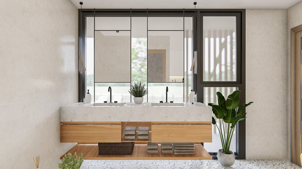 Idéer för att renovera ett mellanstort lantligt grå grått en-suite badrum, med öppna hyllor, vita skåp, ett fristående badkar, en hörndusch, en vägghängd toalettstol, beige kakel, keramikplattor, beige väggar, betonggolv, ett integrerad handfat, marmorbänkskiva, flerfärgat golv och med dusch som är öppen