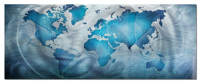 Blue World Map Wall Art Land & Sea, Blue World Map Metal Wall Art, Giclee On Metal - Contemporary -  Metal Wall Art - By Modern Crowd | Houzz