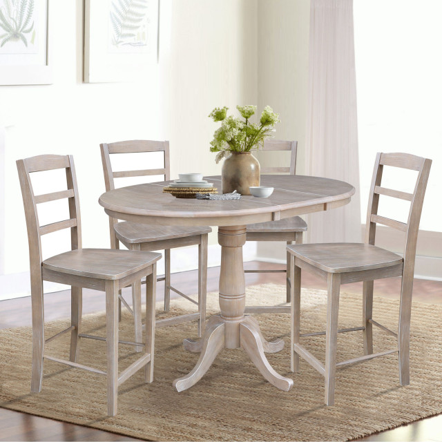 36" Round Extension Dining Table with Four Counter Height Stools