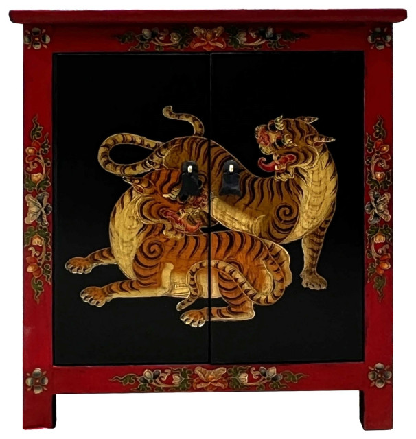 Tibetan Oriental Black Red Double Tigers End Table Nightstand Hcs7589