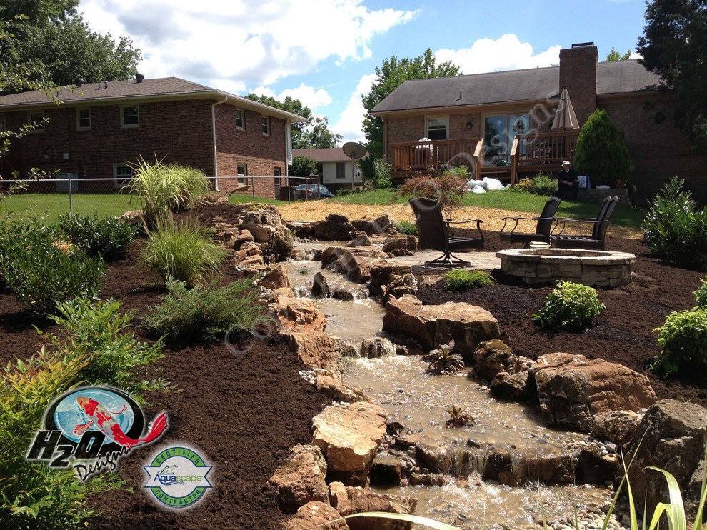 Inspiration for a large eclectic backyard full sun garden in Louisville with a water feature and mulch.