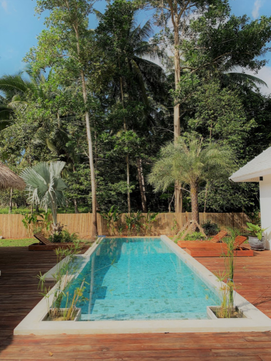 Immagine di una piscina monocorsia tropicale rettangolare di medie dimensioni e in cortile con pedane