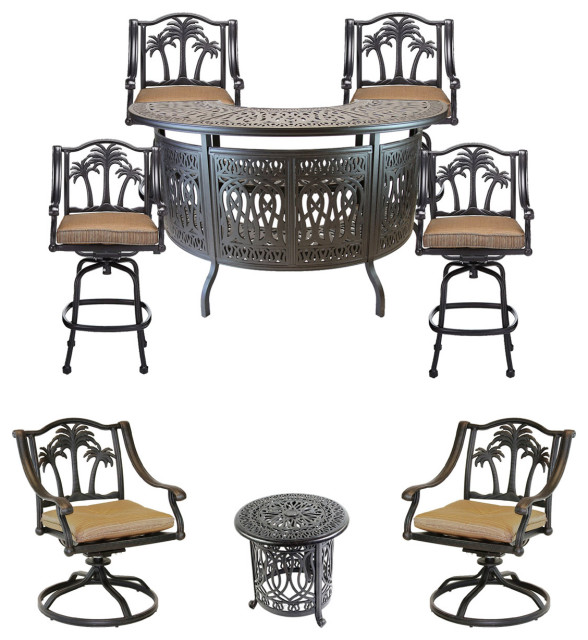 8 Piece Bar Outdoor Seating Set, Palm Tree Cast Aluminum Patio Table