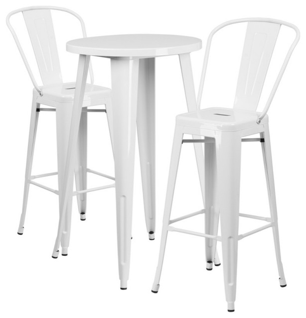 Commercial 24" Round White Metal IndoorOutdoor Bar Table Set, 2 Cafe