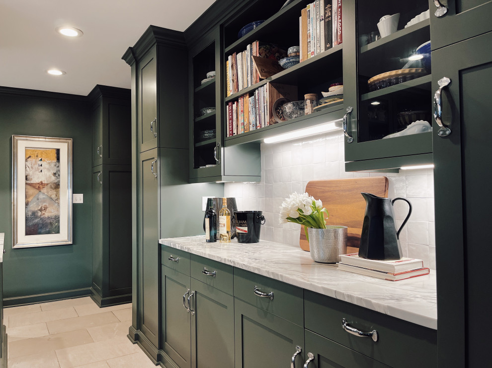Enclosed kitchen - mid-sized transitional l-shaped marble floor and beige floor enclosed kitchen idea with an undermount sink, shaker cabinets, green cabinets, quartzite countertops, white backsplash, ceramic backsplash, stainless steel appliances, a peninsula and gray countertops