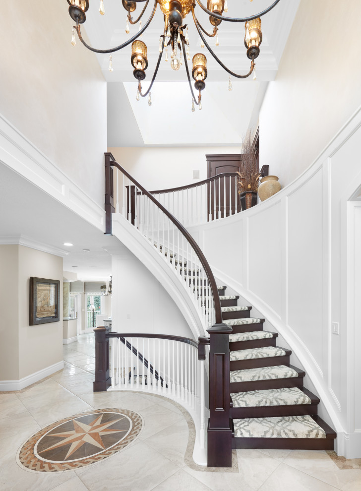 Design ideas for a classic foyer in Edmonton with white walls, ceramic flooring, a double front door, beige floors, a coffered ceiling, wainscoting and a white front door.