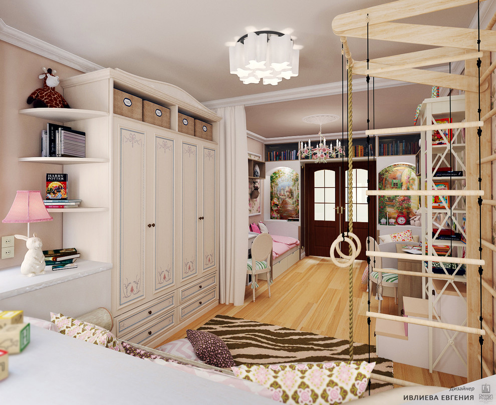 Large country kids' playroom in Moscow with brown walls, laminate floors and yellow floor for kids 4-10 years old and girls.