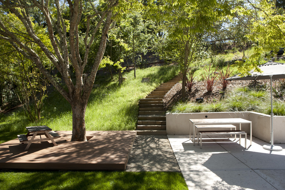 This is an example of a modern garden in San Francisco with decking.