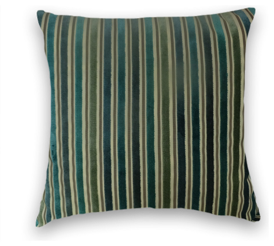 Green Teal Velvet Striped Throw, 20x20 Pillow Cover