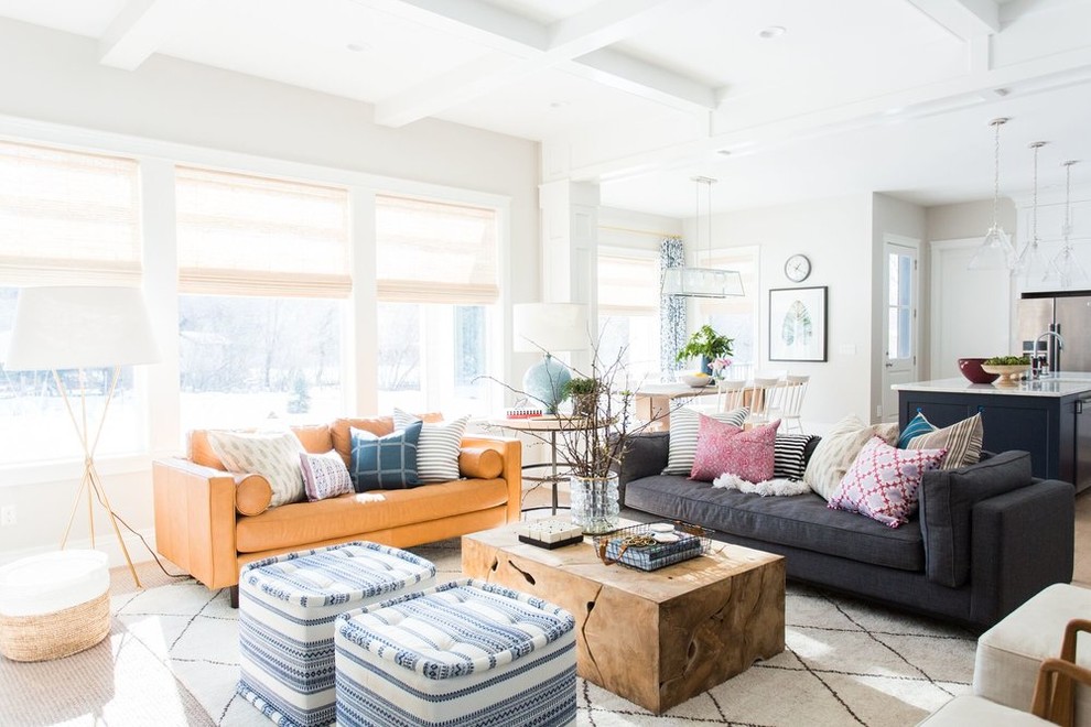 Mid-sized beach style open concept living room in Salt Lake City with white walls.