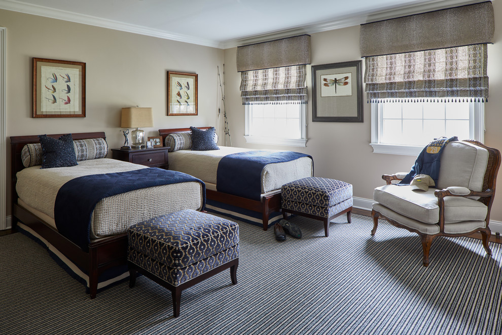 Traditional Rumson Home - Who says your kid's room can't be sophisticated? Deep navys and taupes are introduced for this boy's bedroom. Mixing patterns and textures creates for an interesting space! Faux shagreen cornice, tribal geometrics custom roman shades, whimsical artwork, and a striped area rug all comes together for a bedroom that will grow with your boys.