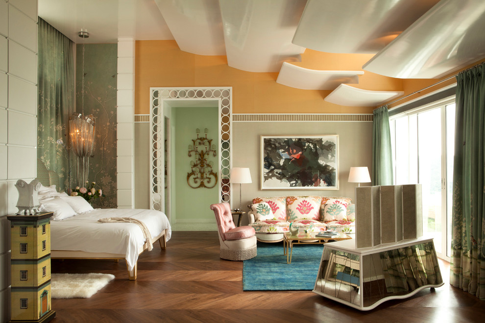 Photo of an expansive eclectic master bedroom in Hong Kong with yellow walls and dark hardwood floors.