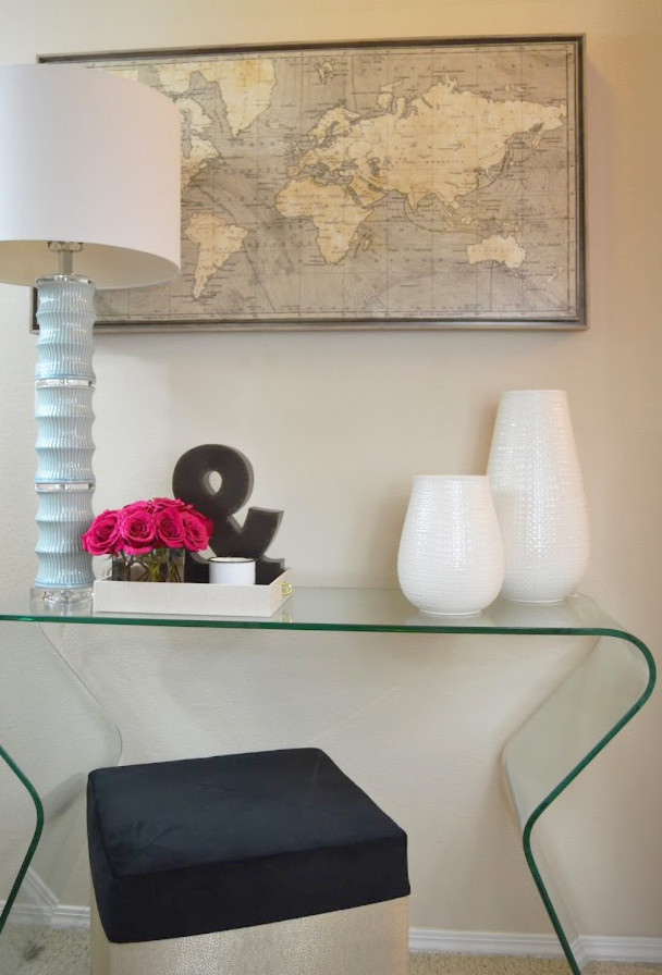 Small transitional carpeted and beige floor foyer photo in Austin with beige walls and a white front door