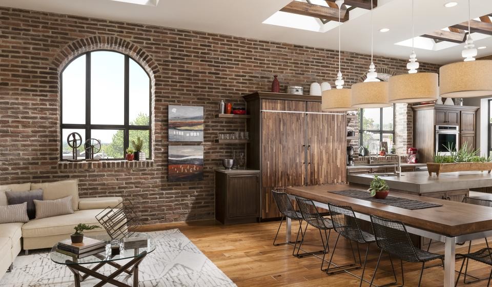 Example of a large transitional l-shaped medium tone wood floor and brown floor eat-in kitchen design with red walls, an undermount sink, beaded inset cabinets, medium tone wood cabinets, stainless steel countertops, brown backsplash, brick backsplash, stainless steel appliances and an island