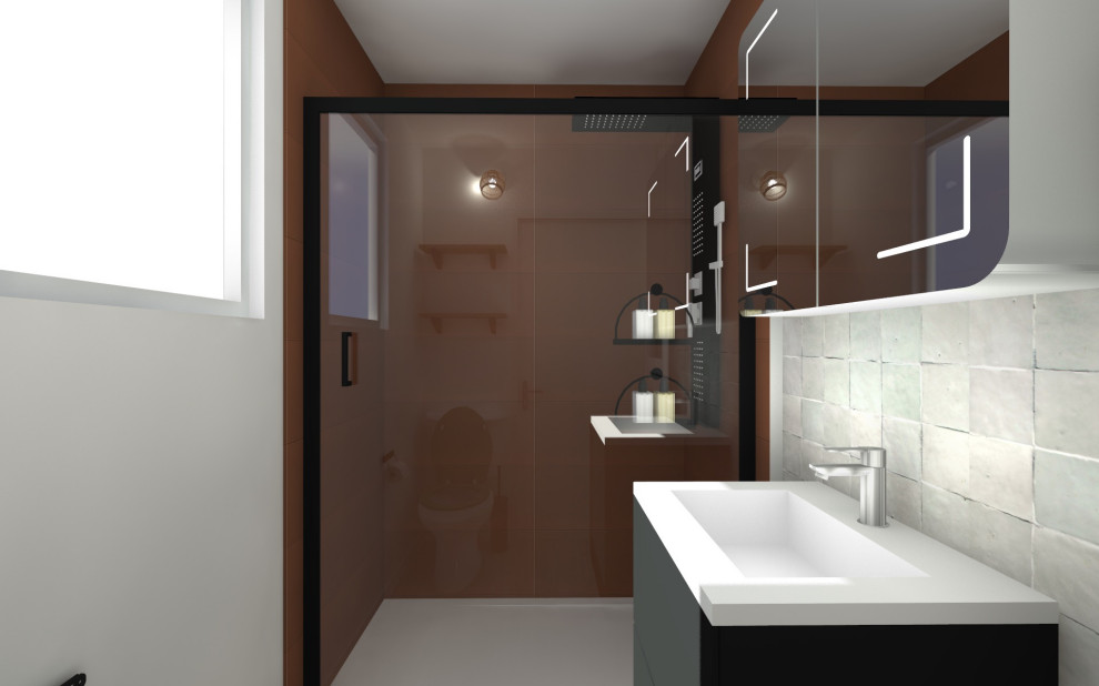Cette image montre une petite salle d'eau minimaliste avec une douche à l'italienne, WC à poser, un carrelage orange, des carreaux de céramique, un mur blanc, un sol en carrelage imitation parquet, un lavabo encastré, un sol blanc, une cabine de douche à porte coulissante, une fenêtre, meuble simple vasque et meuble-lavabo suspendu.