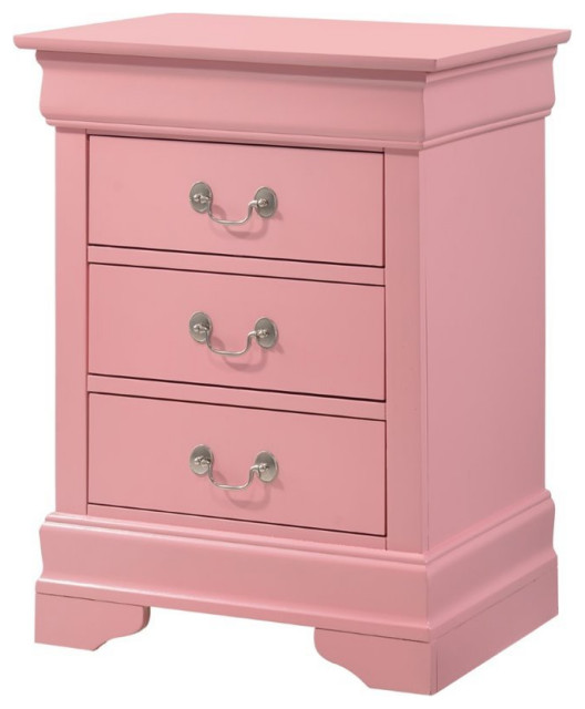 Glory Furniture Louis Phillipe 3 Drawer Nightstand in Pink