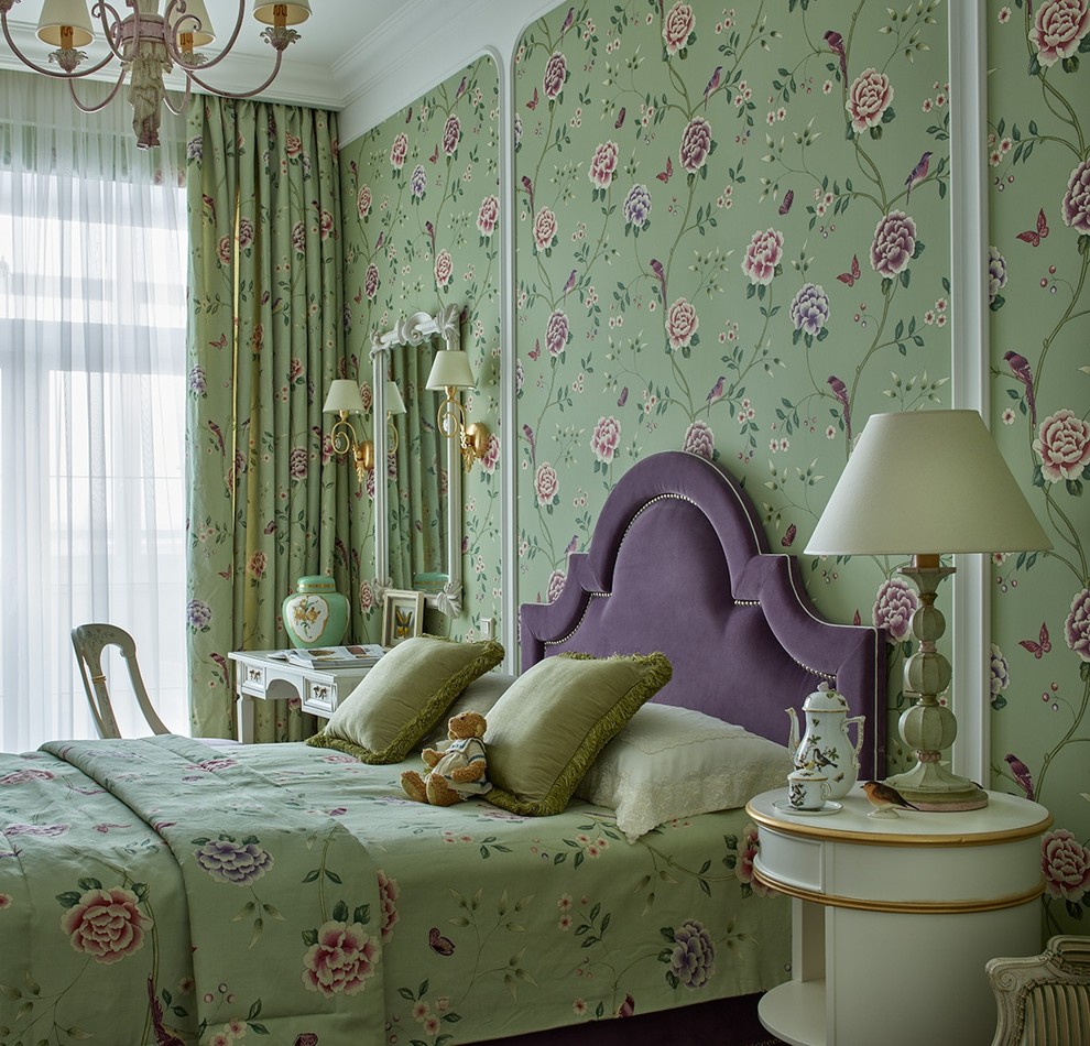 This is an example of a mid-sized traditional kids' bedroom for girls and kids 4-10 years old with multi-coloured walls.