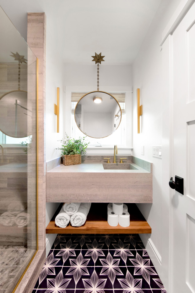 Design ideas for a mid-sized country 3/4 bathroom in Los Angeles with flat-panel cabinets, light wood cabinets, multi-coloured tile, white walls, an integrated sink, multi-coloured floor and beige benchtops.