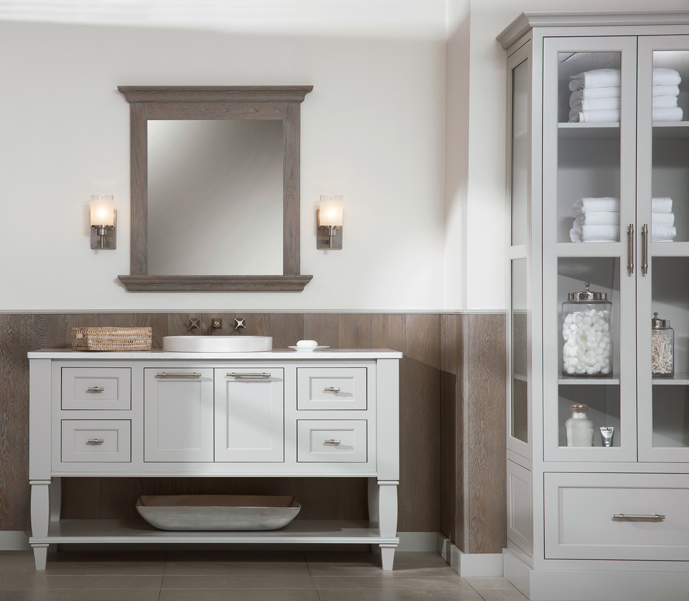 Design ideas for a mid-sized transitional master bathroom in New York with shaker cabinets, grey cabinets, beige walls, cement tiles, a drop-in sink, solid surface benchtops and beige floor.