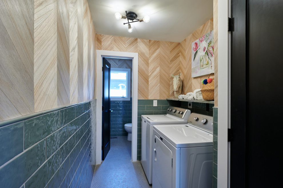 Galley dedicated laundry room in Kansas City with open cabinets, marble benchtops, green splashback, subway tile splashback, multi-coloured walls, porcelain floors, a side-by-side washer and dryer, multi-coloured floor, multi-coloured benchtop and wallpaper.