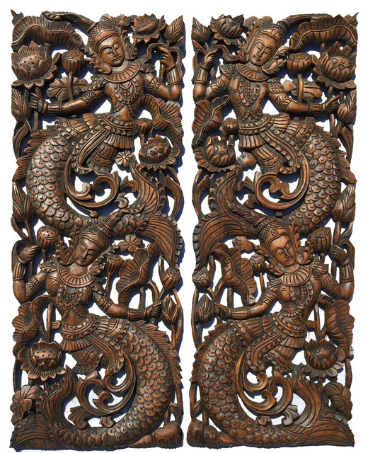 Thai Figure Mermaid Asian Home Decor Carved Wood Wall Art Panels Accents By Asiana Houzz - Thai Home Wall Decor