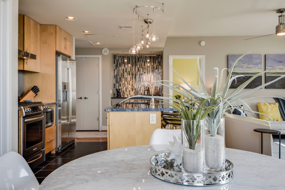 Example of a small transitional light wood floor great room design in Austin with gray walls