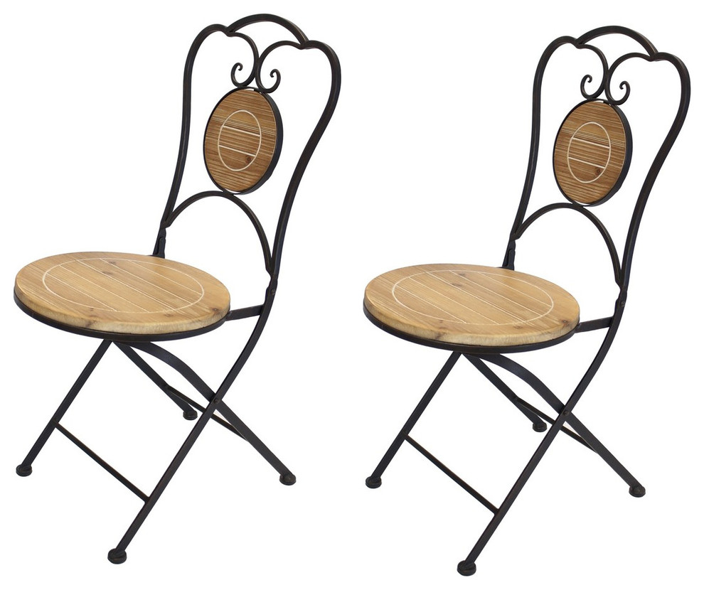 French Cafe Bistro Folding Chair, Black Metal Frame, Wood Round Seat, Set of 2