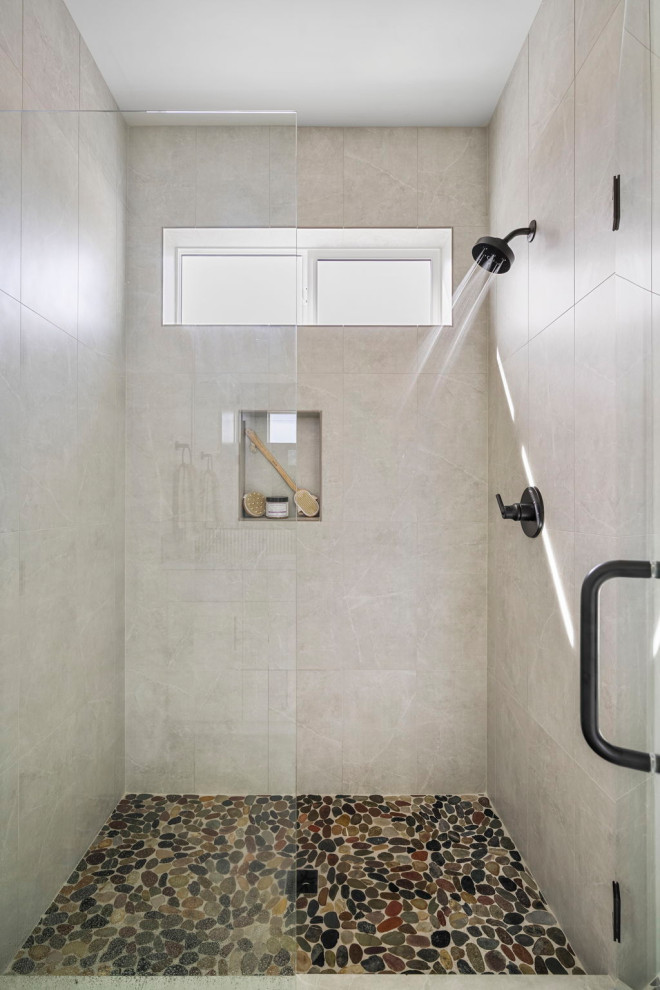 Transitional master double-sink freestanding bathtub photo