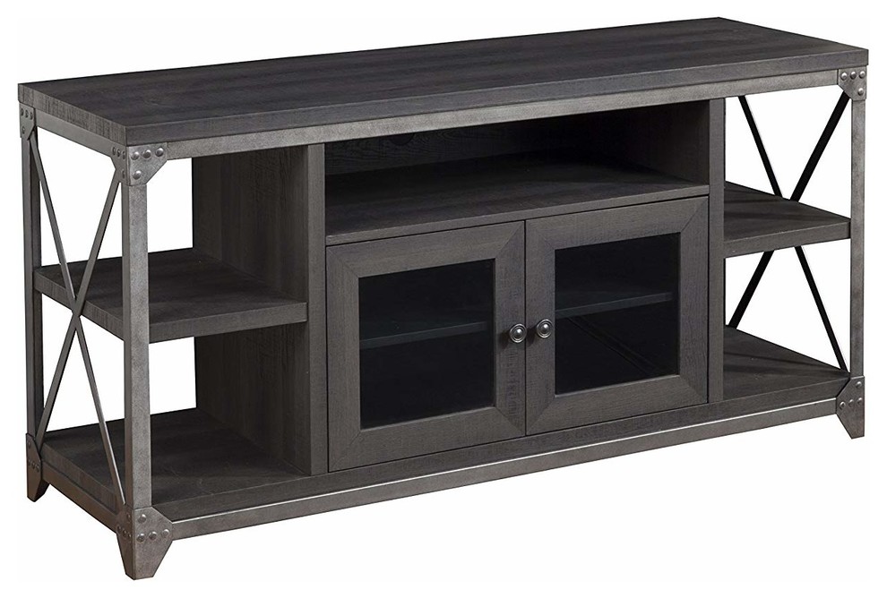 Metal and Glass Loft TV Stand With 5 Shelves, Gray Industrial