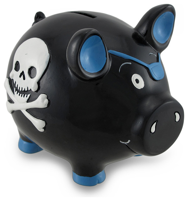 Zeckos Pirate Pig With Skull and Crossbones Piggy Bank, Black and Blue View in Your Room