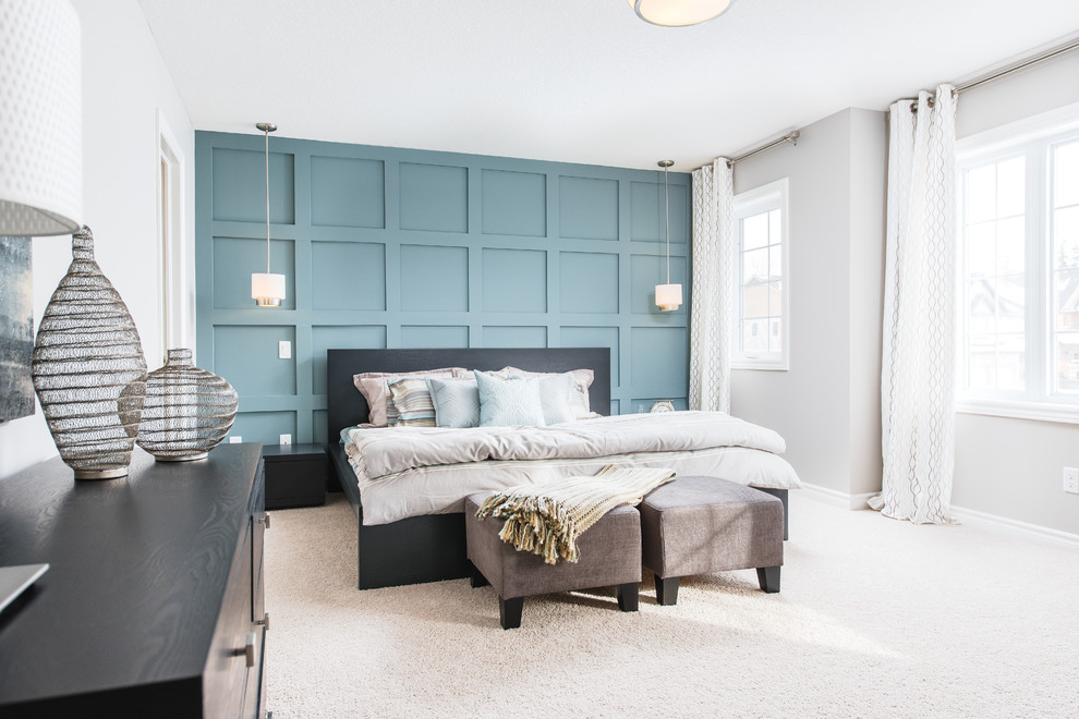 Design ideas for a large transitional master bedroom in Toronto with grey walls and carpet.