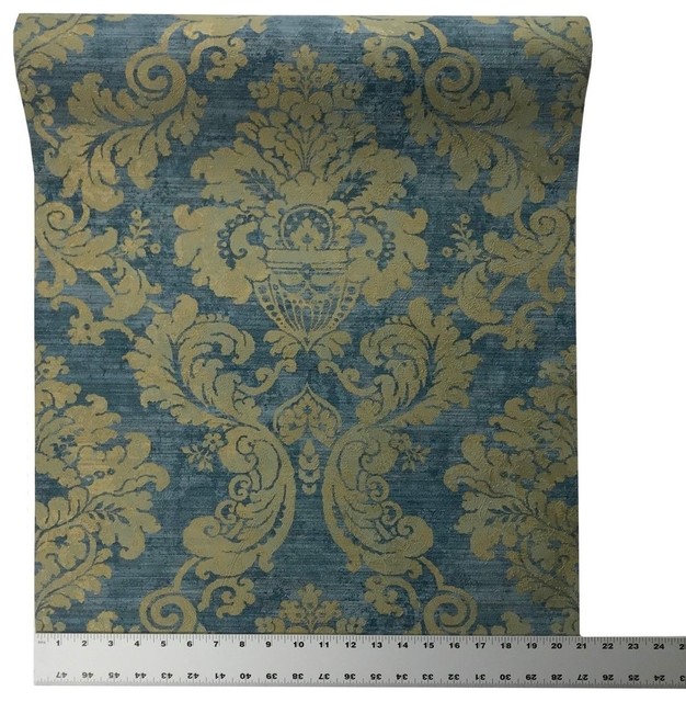 Wallpaper Blue Gold Metallic rustic Damask plaster Textured, 21 Inc X ...