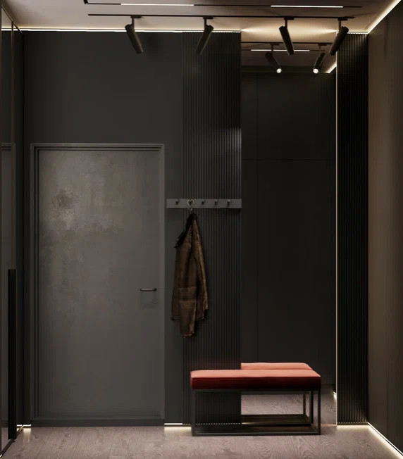 Квартира 54 м² для молодого человека в темных тонах с яркими акцентами