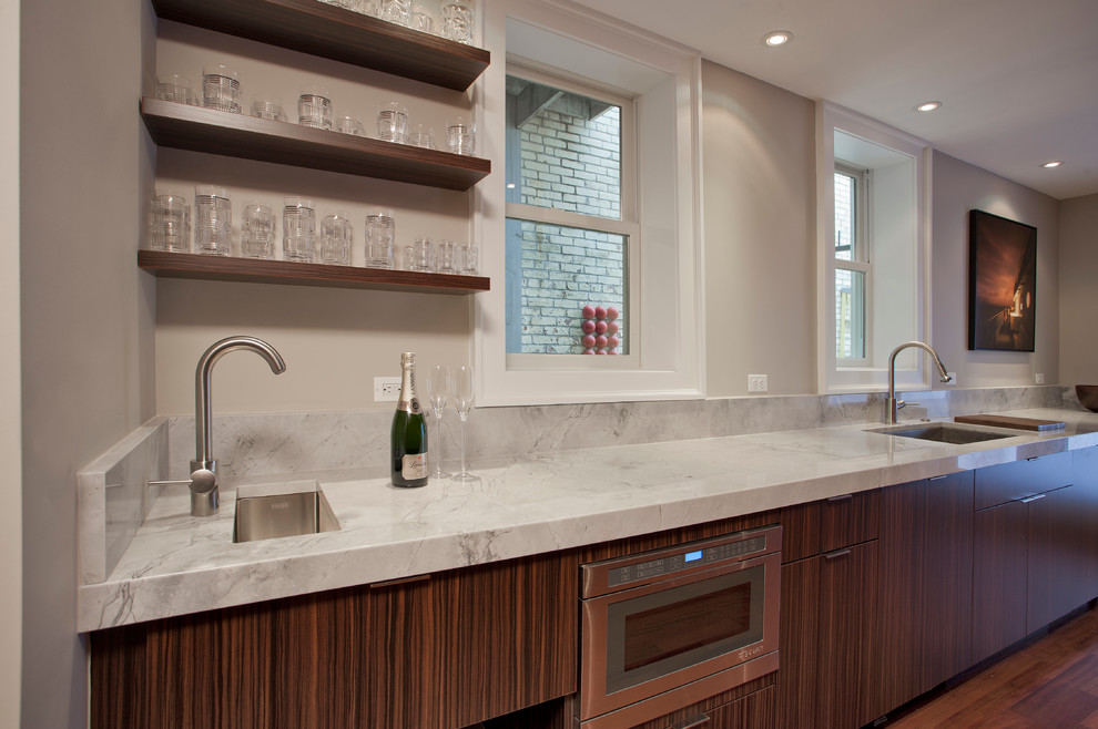 Inspiration for a mid-sized transitional galley dark wood floor eat-in kitchen remodel in DC Metro with an undermount sink, open cabinets, dark wood cabinets, marble countertops, marble backsplash, stainless steel appliances and gray backsplash