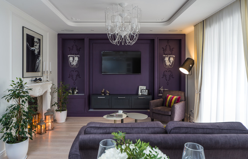 Photo of a contemporary formal open concept living room in Moscow with purple walls, light hardwood floors and a wall-mounted tv.
