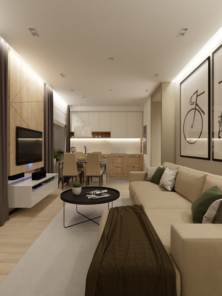 Проект небольшой квартиры с панорамными окнами и видом на лес.