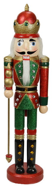 Decorative Wooden Christmas Nutcracker King With Scepter, Red and Green, 24"