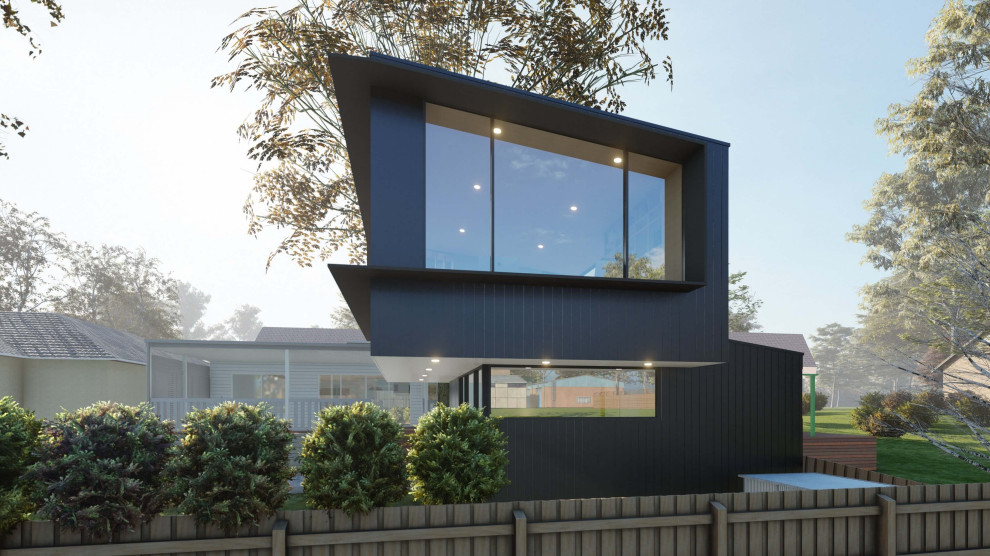 Idee per la micro casa piccola nera moderna a due piani con rivestimenti misti