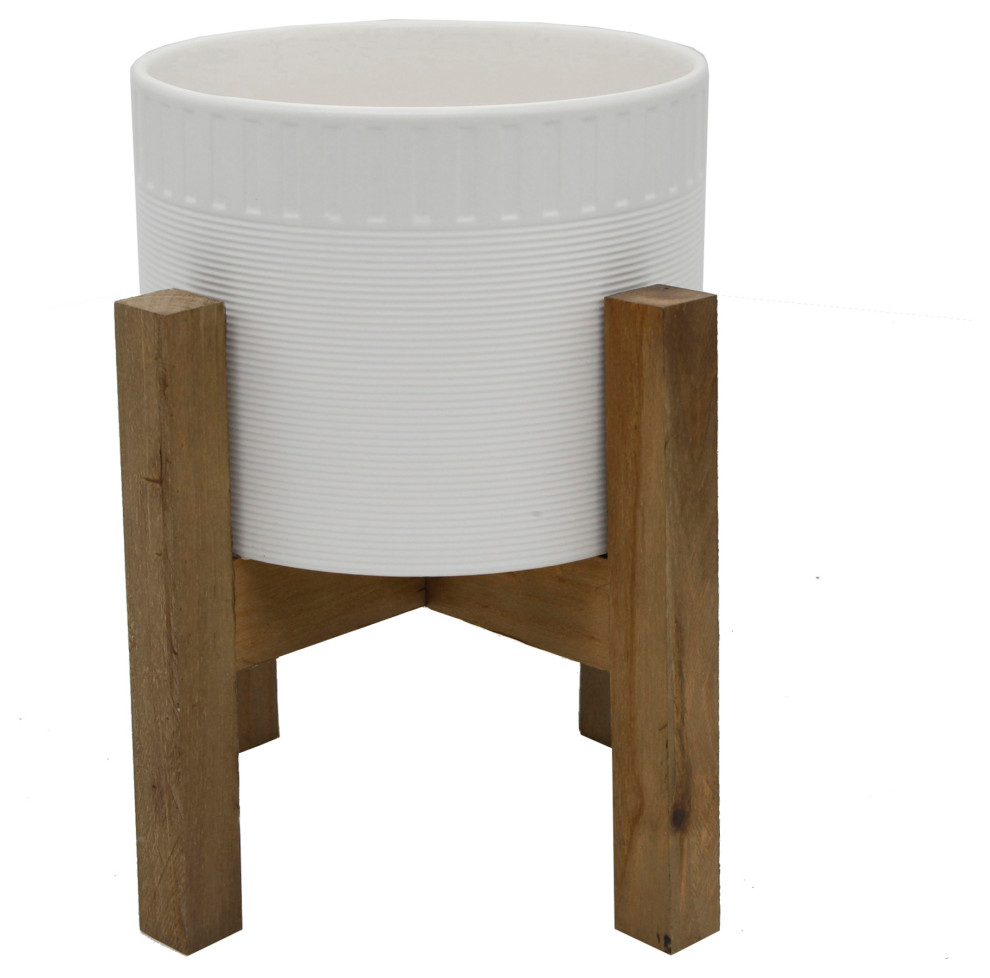 8" Ceramic Dumpling Pot On Wood Stand, Matte White