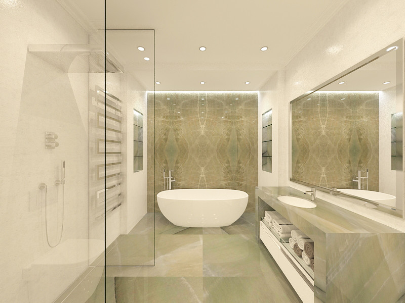 Aménagement d'une salle de bain principale contemporaine de taille moyenne avec un placard sans porte, une douche à l'italienne, WC suspendus, un mur gris, un plan de toilette en onyx et un lavabo encastré.