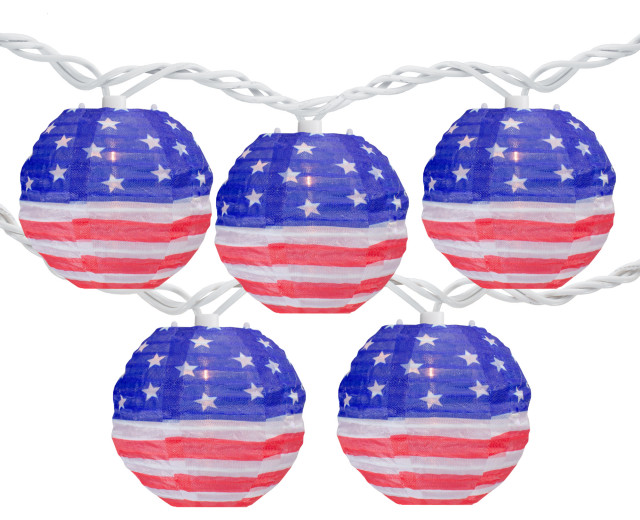 10-Count American Flag 4th of July Paper Lantern Lights Clear Bulbs