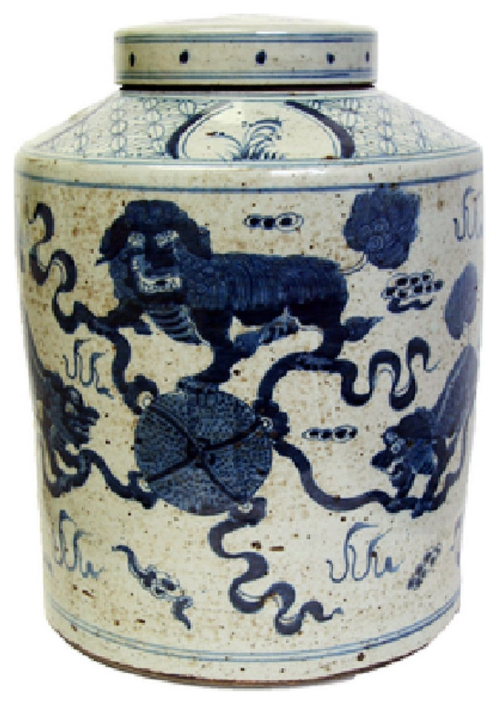 Vintage Style Blue and White Foo Dog Motif Porcelain Tea Caddy Jar 16"