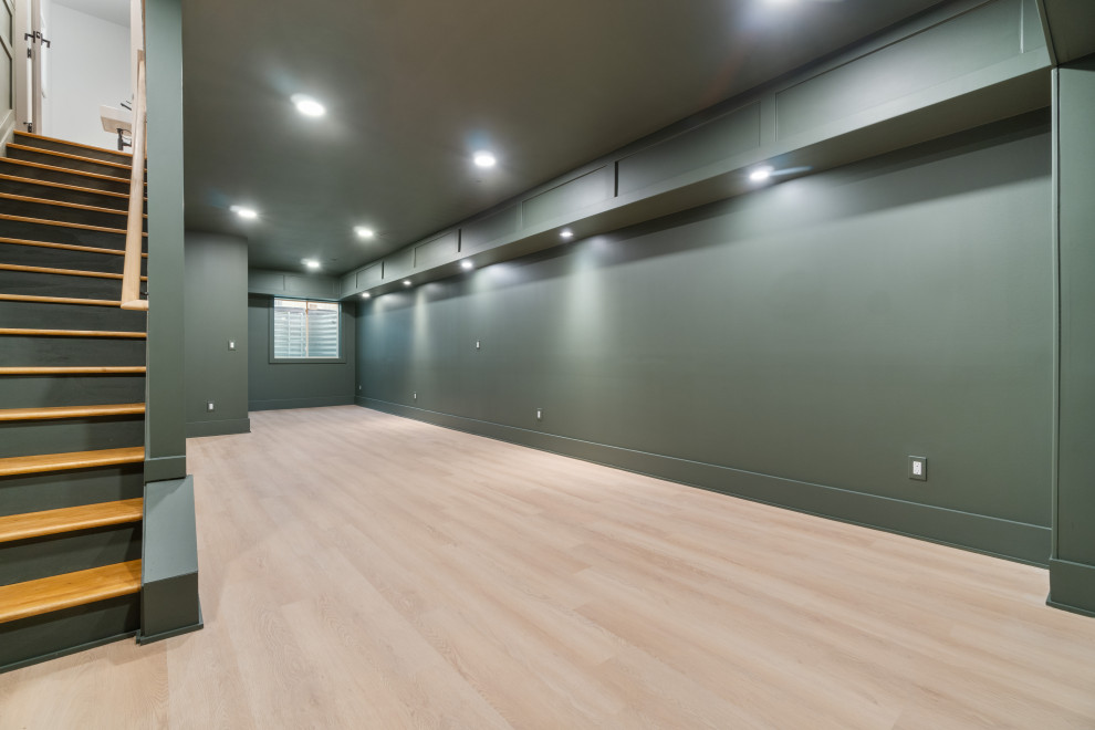 Photo of a large contemporary look-out basement in Other with green walls and laminate floors.