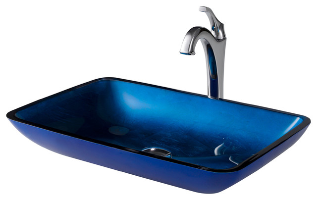 Kraus 22 Rectangle Blue Glass Bathroom Vessel Sink Arlo Faucet Chrome