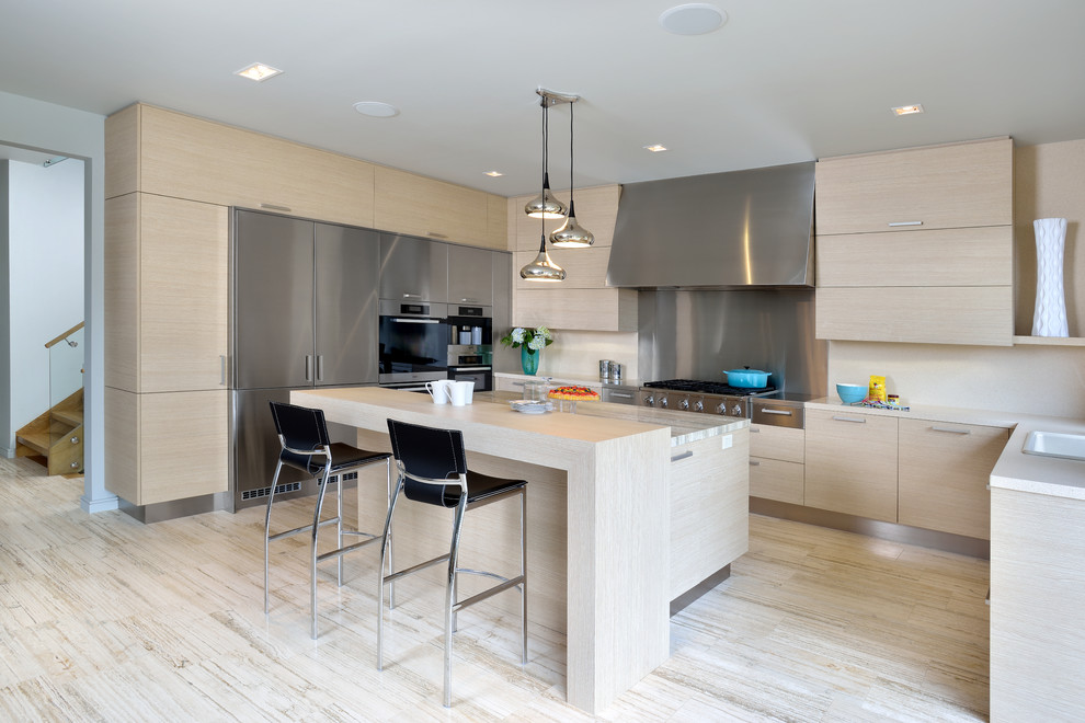 Design ideas for a large scandinavian u-shaped kitchen in Toronto with a drop-in sink, flat-panel cabinets, light wood cabinets, stainless steel appliances, limestone floors, with island, quartzite benchtops and beige splashback.