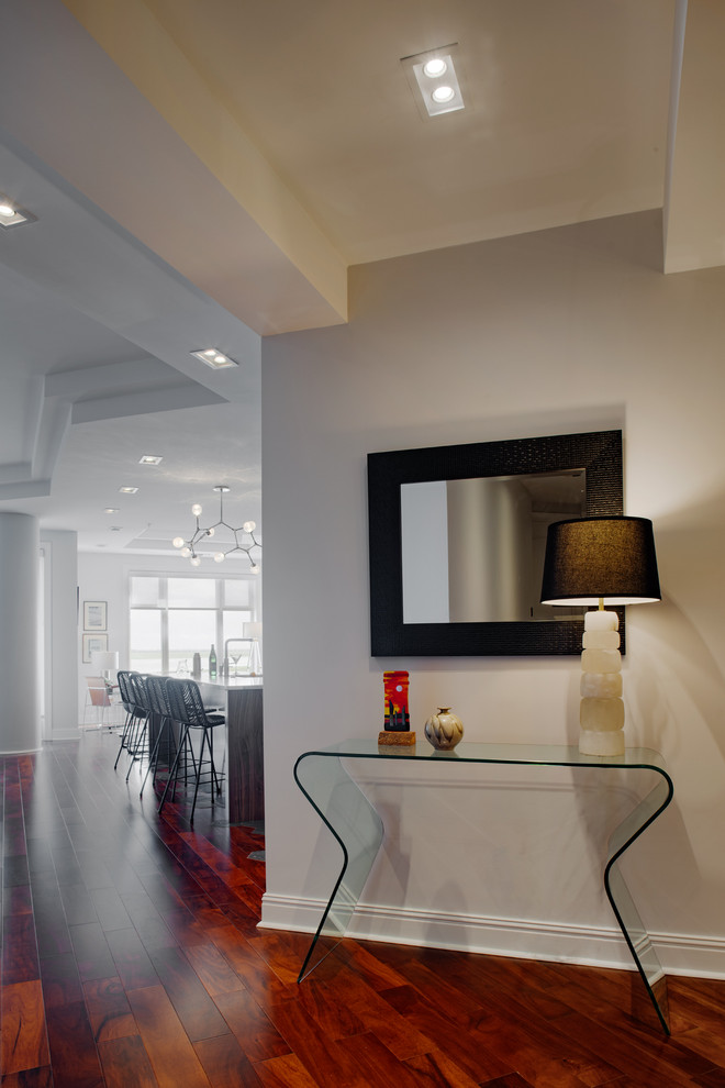 Large minimalist dark wood floor and red floor foyer photo with gray walls and a gray front door