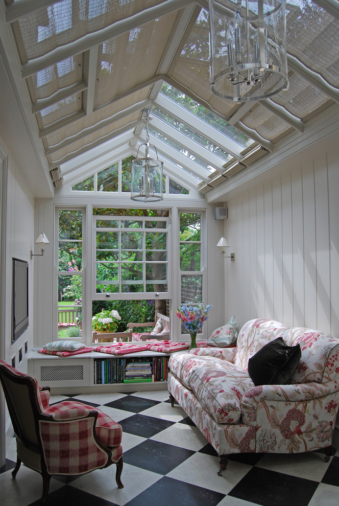 Traditional sunroom in Kent with a glass ceiling and multi-coloured floor.