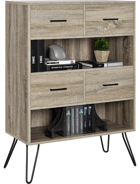 Lucas Bookcase With Bins, Weathered Oak